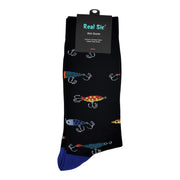 Colorful fishing lure socks paired with brown leather shoes and dark pants